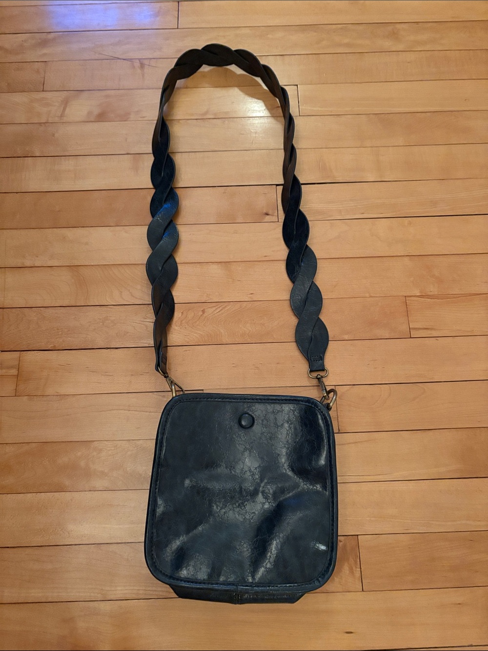 Anthropologie Dark Navy Leather Crossbody with Gold Snap